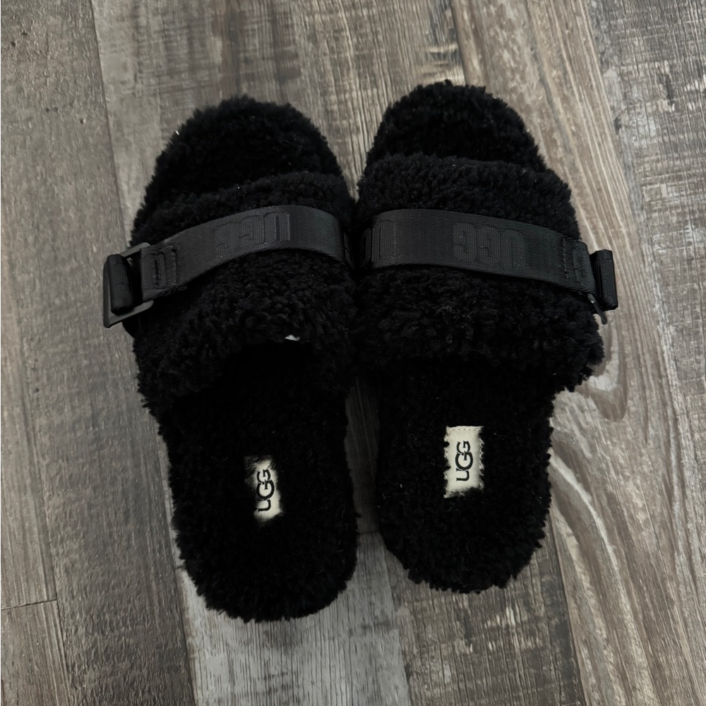 UGG Black Fluffy Slide Slippers